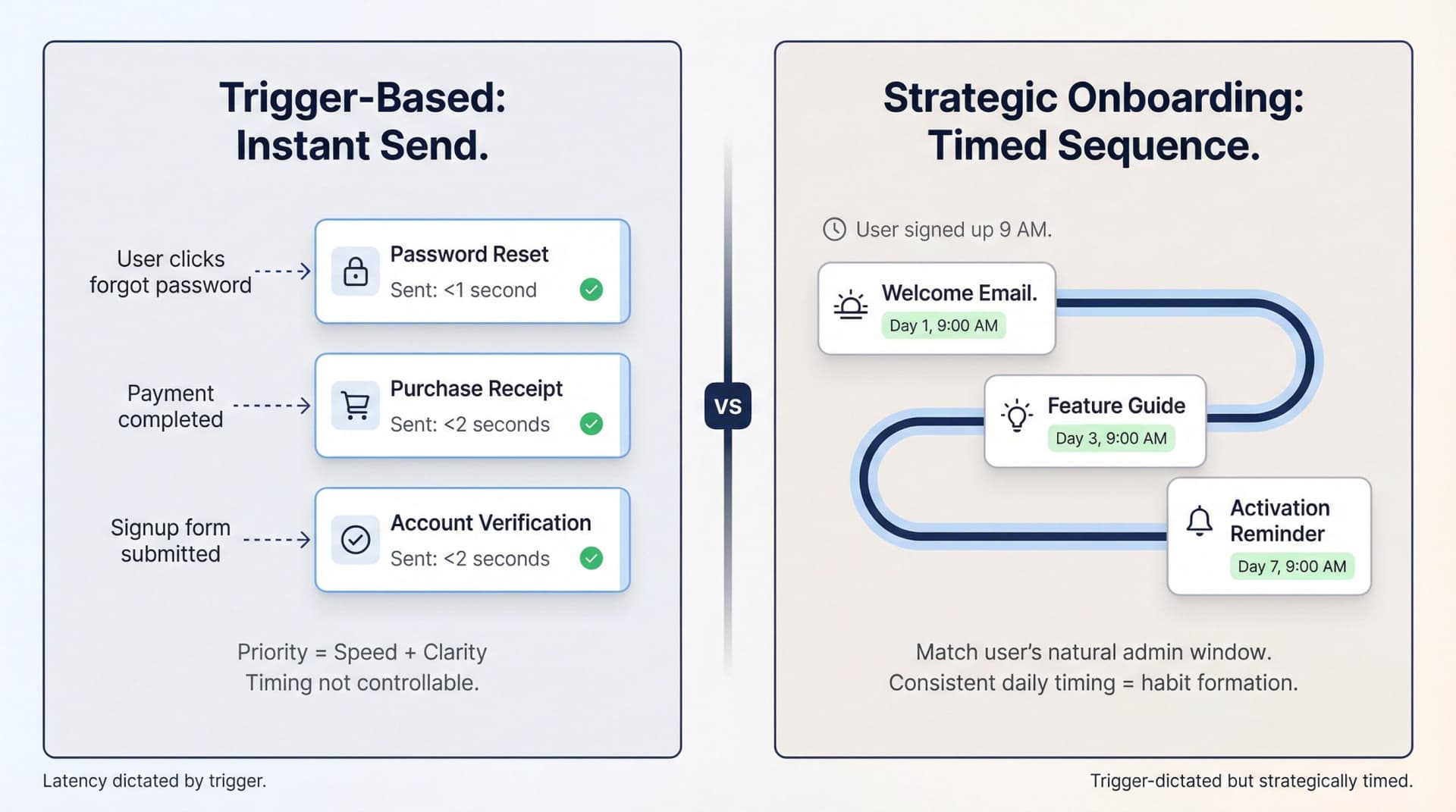 Diagram showing transactional email timing flow: trigger-based sends for password resets and receipts versus strategic timing for onboarding sequences